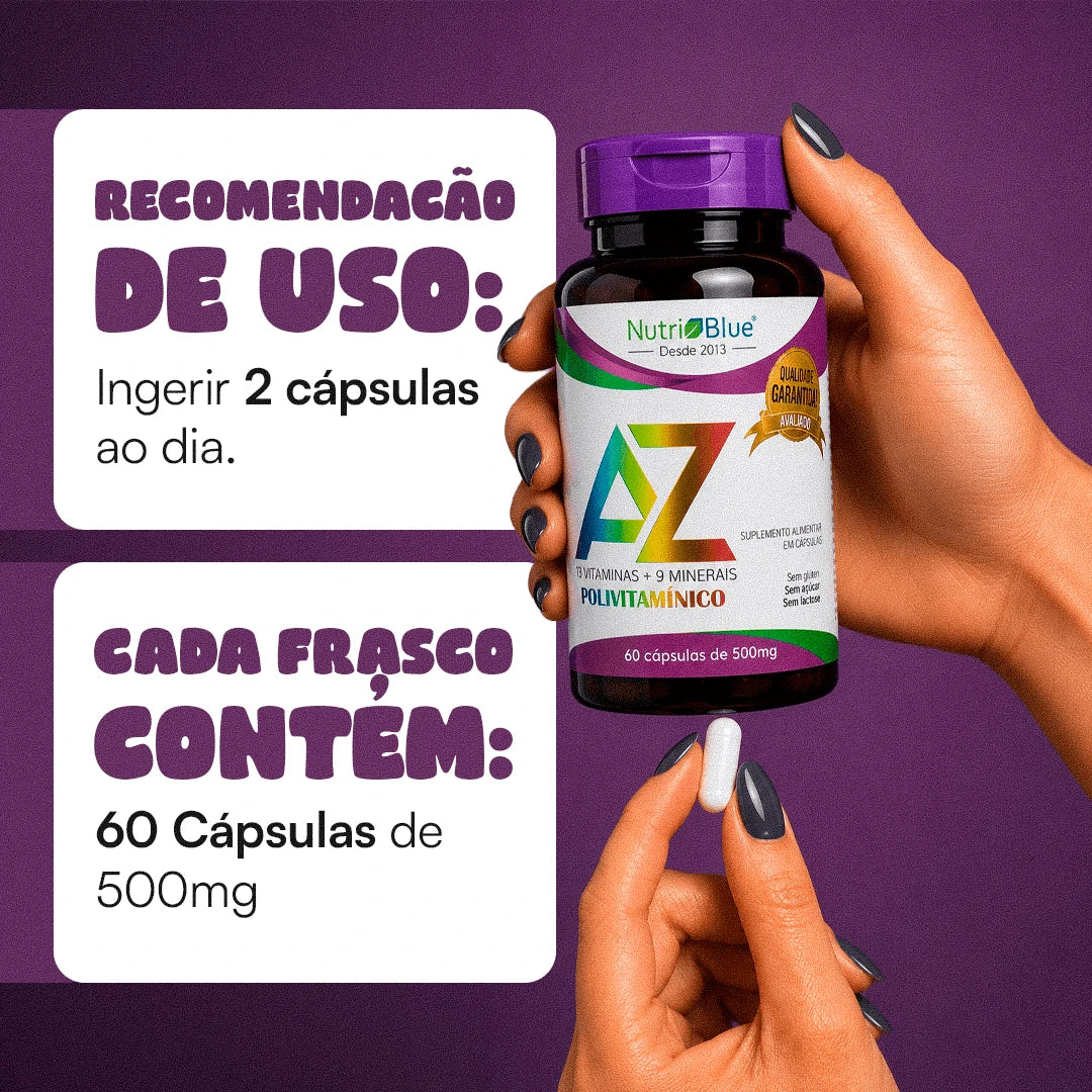Polivitamínico Nutriblue A-Z | Suplemento com 13 Vitaminas e 9 Minerais |  60 Cápsulas