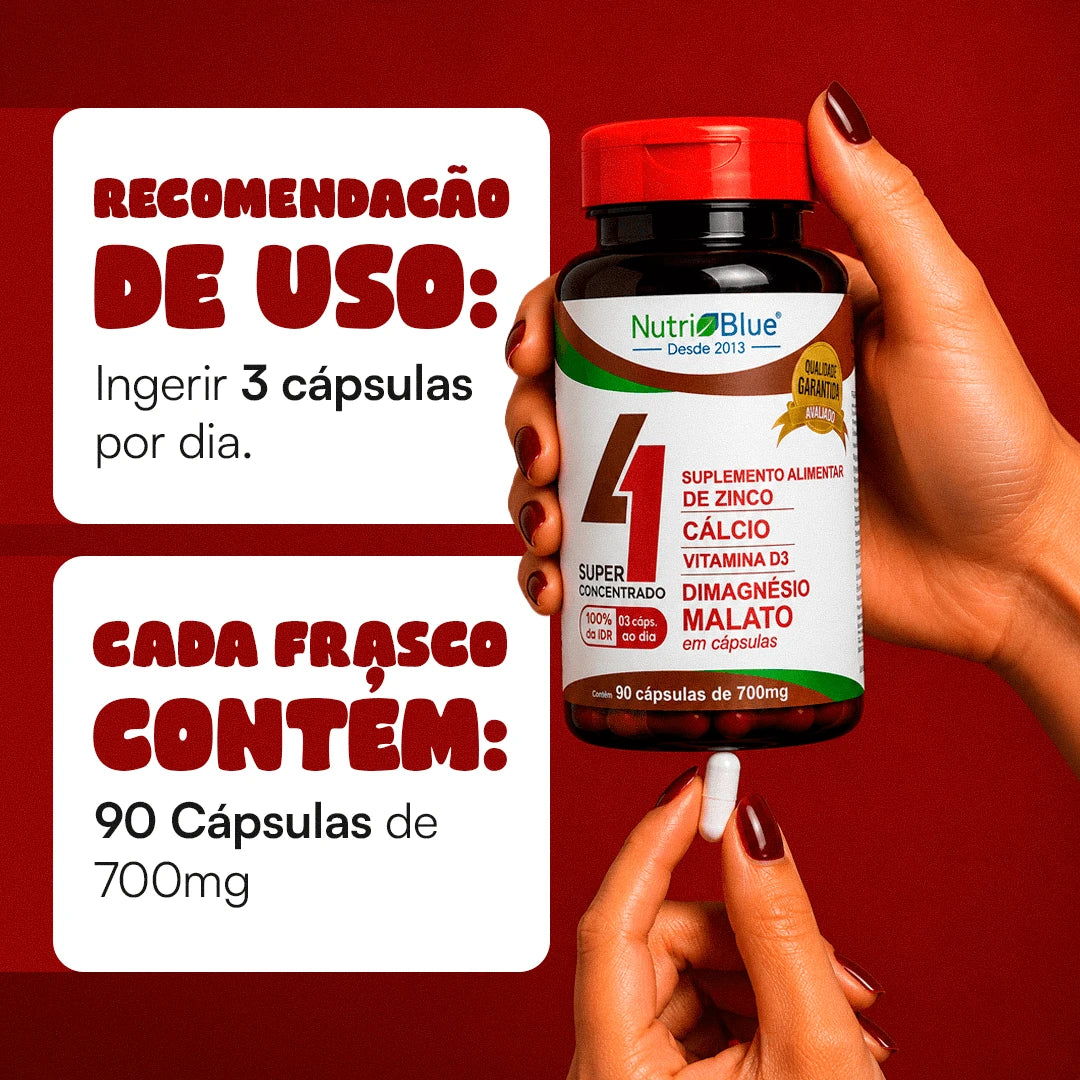 Quarteto Vitamínico Nutriblue com Zinco, Cálcio, Magnésio Dimalato e Vitamina D3 | 90 Cápsulas
