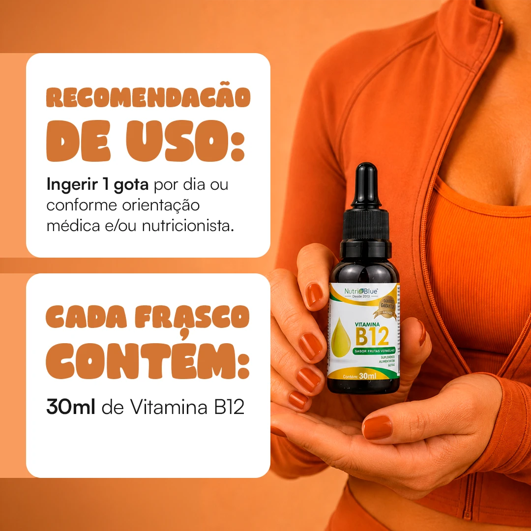Vitamina B12 em Gotas Nutriblue | Metilcobalamina, Sabor Frutas Vermelhas, Frasco 30 ml
