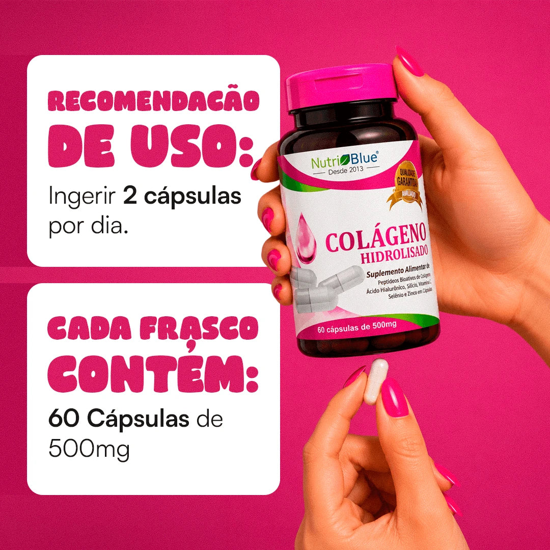 Colágeno Hidrolisado Nutriblue | Suplemento com Vitamina C, Zinco, Selênio, Ácido Hialurônico e Silício, 60 Cápsulas