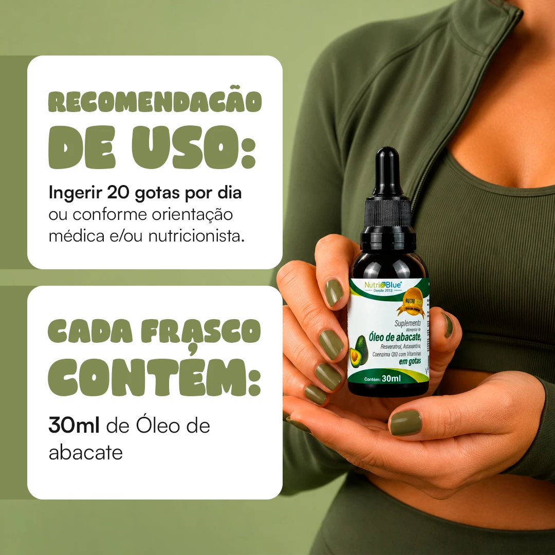 Óleo de Abacate em Gotas Nutriblue | Com Resveratrol, Astaxantina, Coenzima Q10 e Vitaminas C e E, Frasco 30 ml