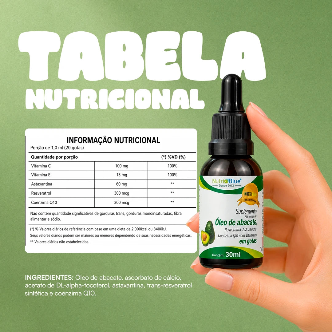 Óleo de Abacate em Gotas Nutriblue | Com Resveratrol, Astaxantina, Coenzima Q10 e Vitaminas C e E, Frasco 30 ml