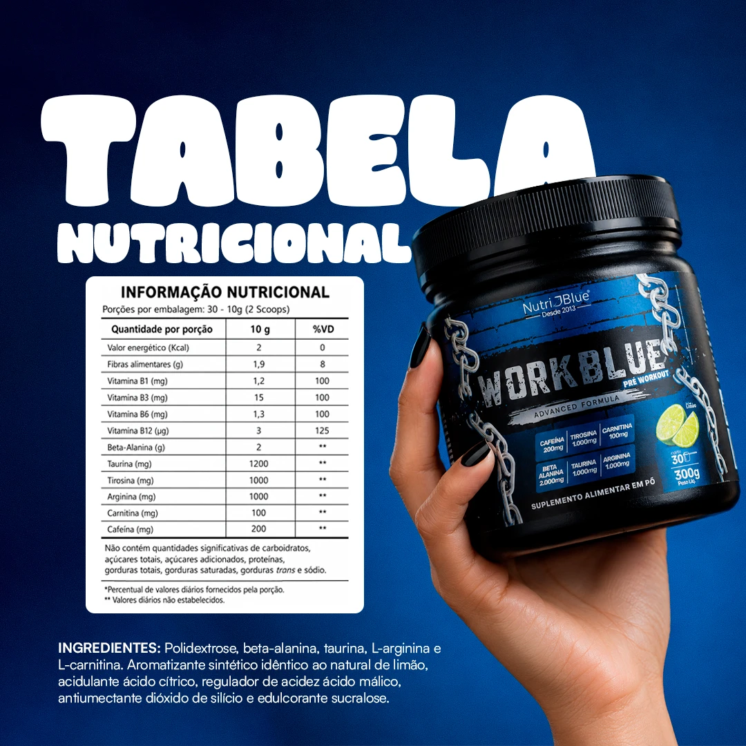 WorkBlue Nutriblue - Pré-Treino em Pó com Cafeína, Aminoácidos e Vitaminas B