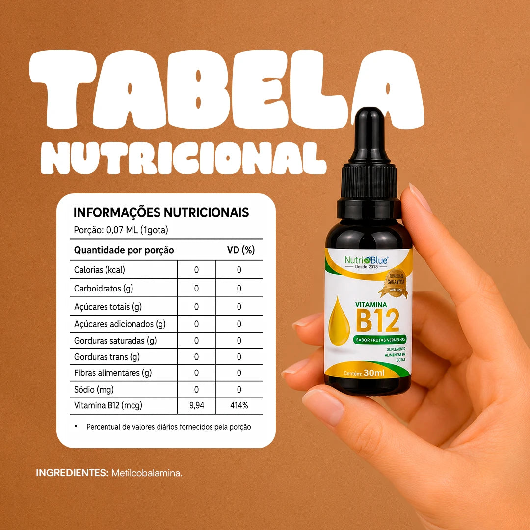 Vitamina B12 em Gotas Nutriblue | Metilcobalamina, Sabor Frutas Vermelhas, Frasco 30 ml