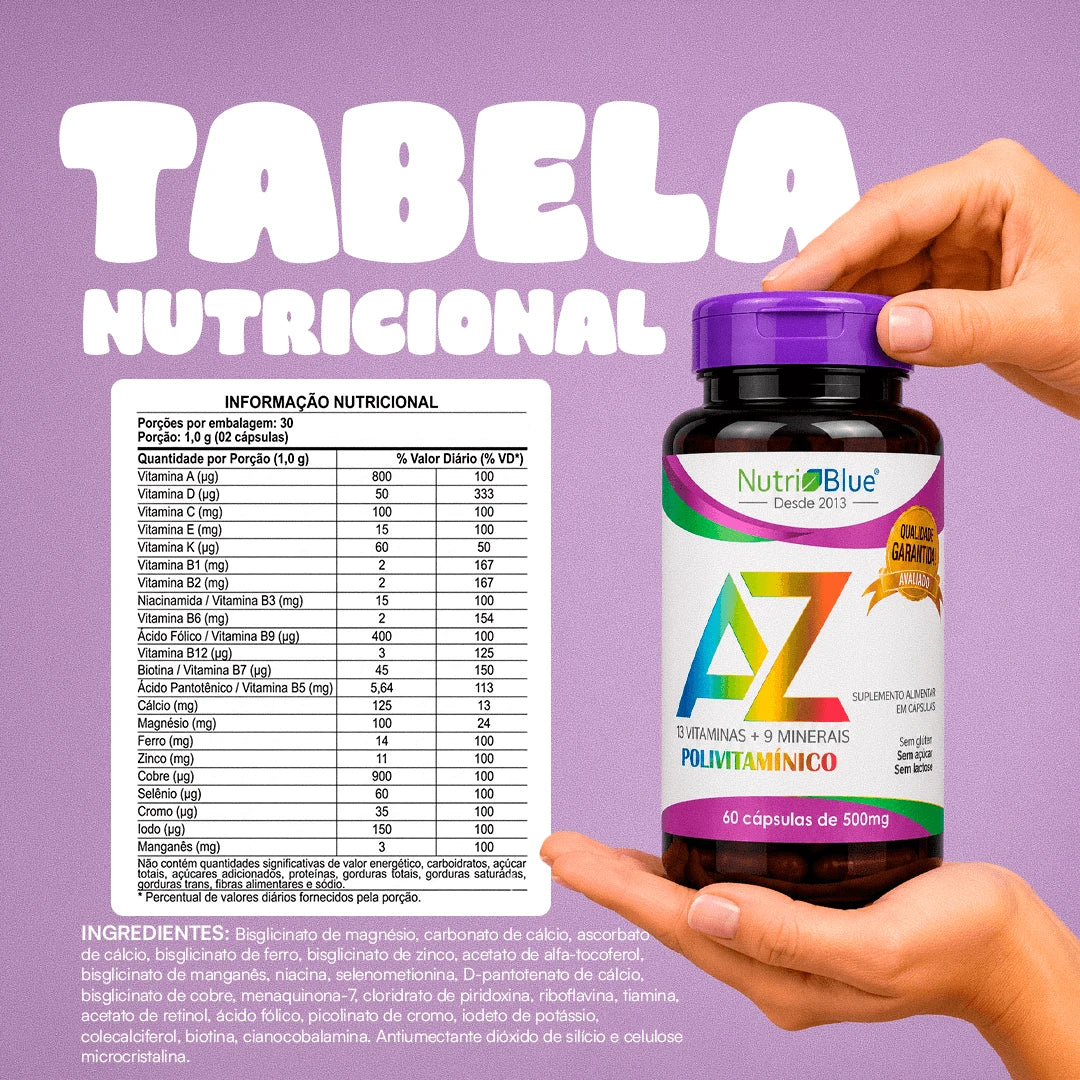 Polivitamínico Nutriblue A-Z | Suplemento com 13 Vitaminas e 9 Minerais |  60 Cápsulas