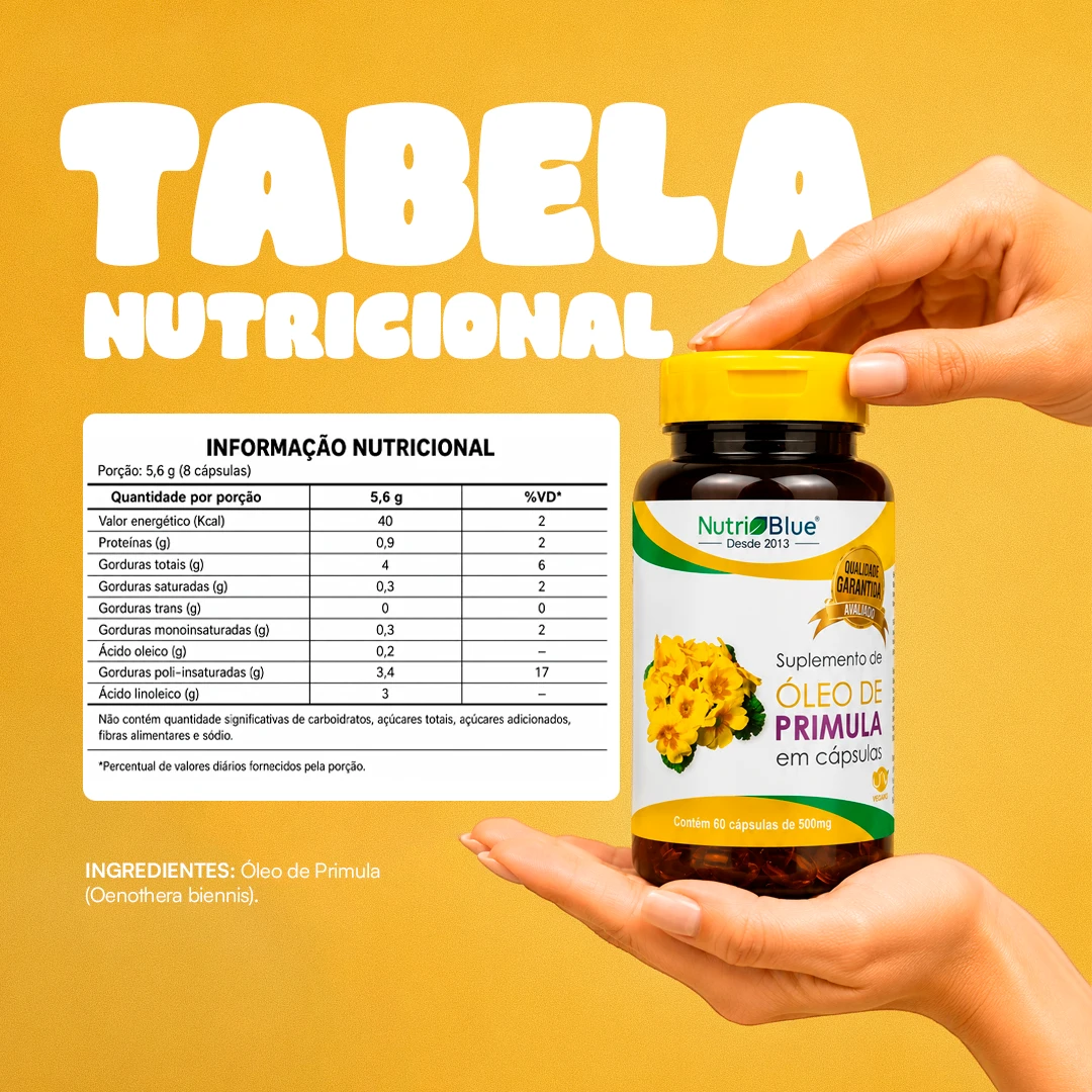 Óleo de Prímula Nutriblue | Suplemento com Ômega 6, Ácido Linoleico e GLA, 60 Cápsulas