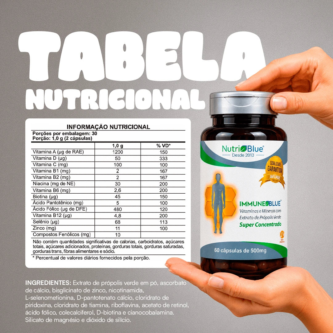 ImmuneBlue | Suplemento para Imunidade com Vitaminas, Minerais e Própolis Verde  | 60 Cápsulas