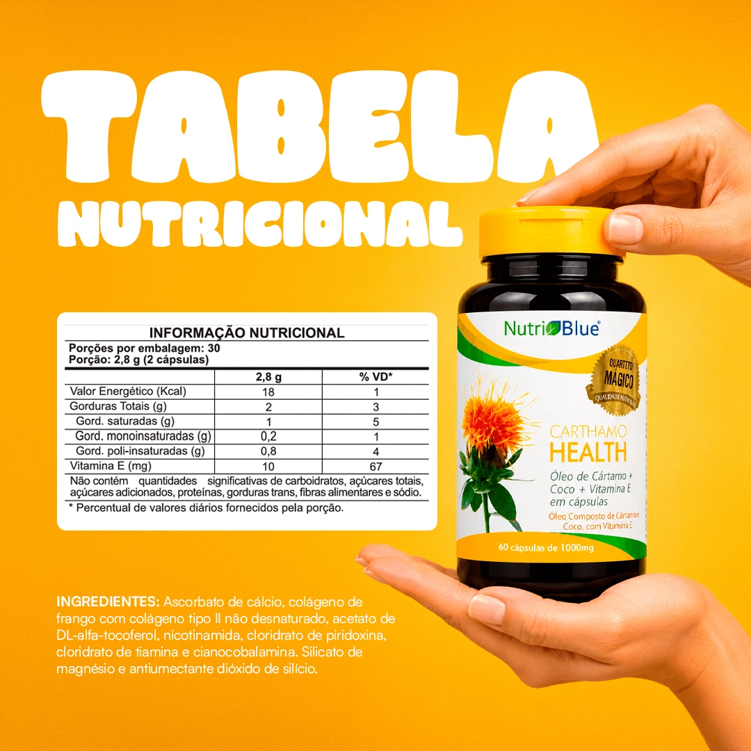 Óleo de Cártamo Nutriblue | Suplemento com Ômega-6, Óleo de Coco e Vitamina E | 60 Cápsulas