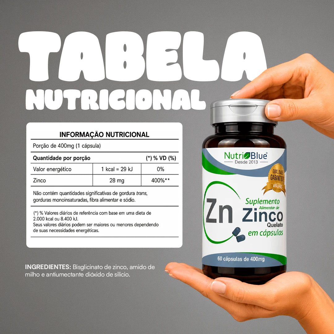 Zinco Quelato Nutriblue | Suplemento de Zinco com Alta Biodisponibilidade | 60 Cápsulas