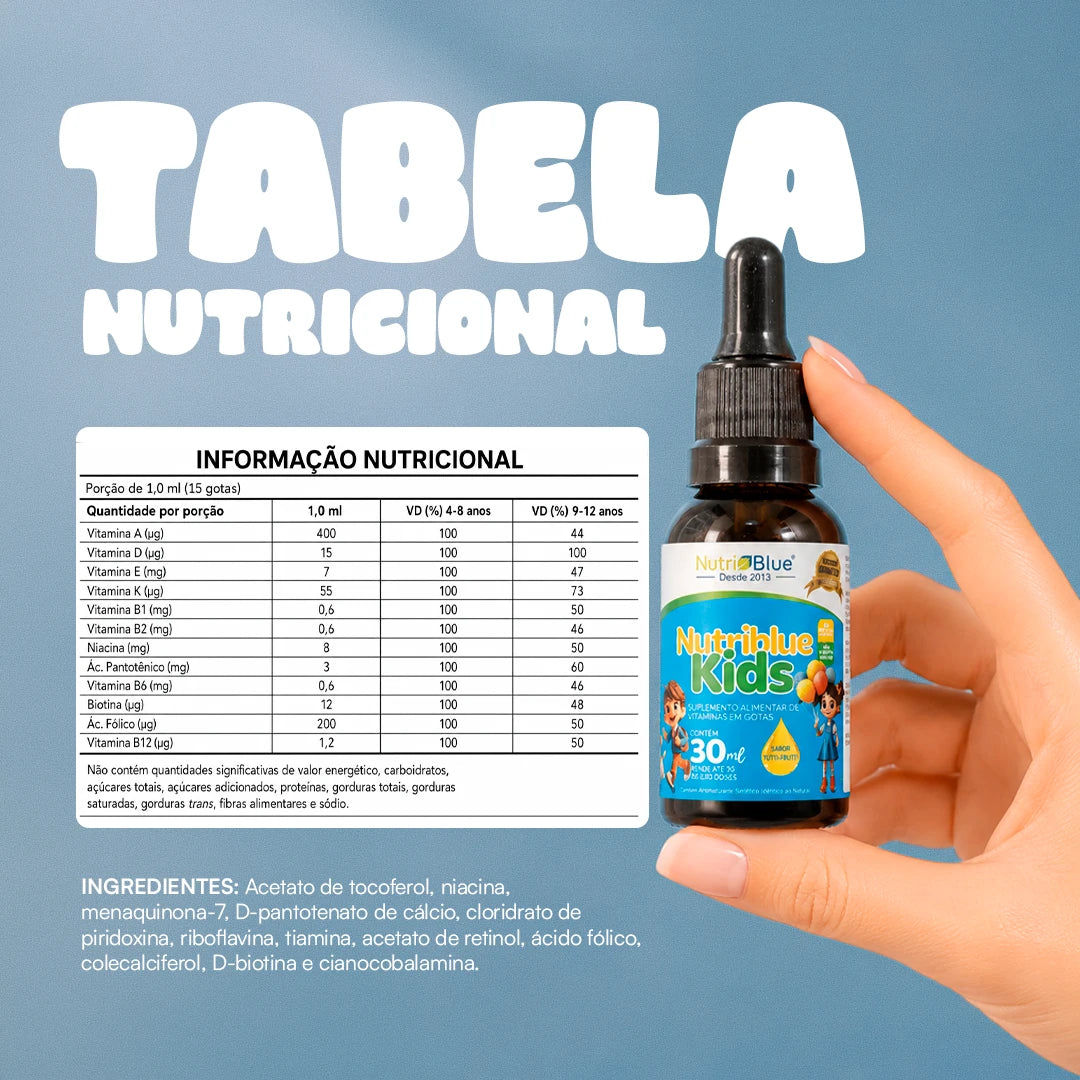 Nutriblue Kids - Suplemento Vitamínico em Gotas para Crianças - Vitaminas A, D, E, K e Complexo B