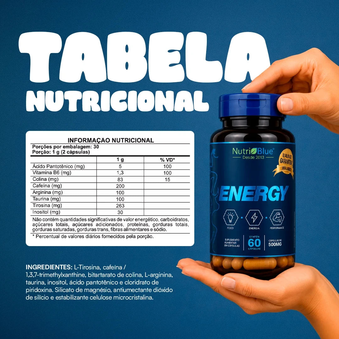Nutriblue Energy, Pré-Treino com Cafeína 200mg, Taurina, Arginina e Colina, 60 Cápsulas