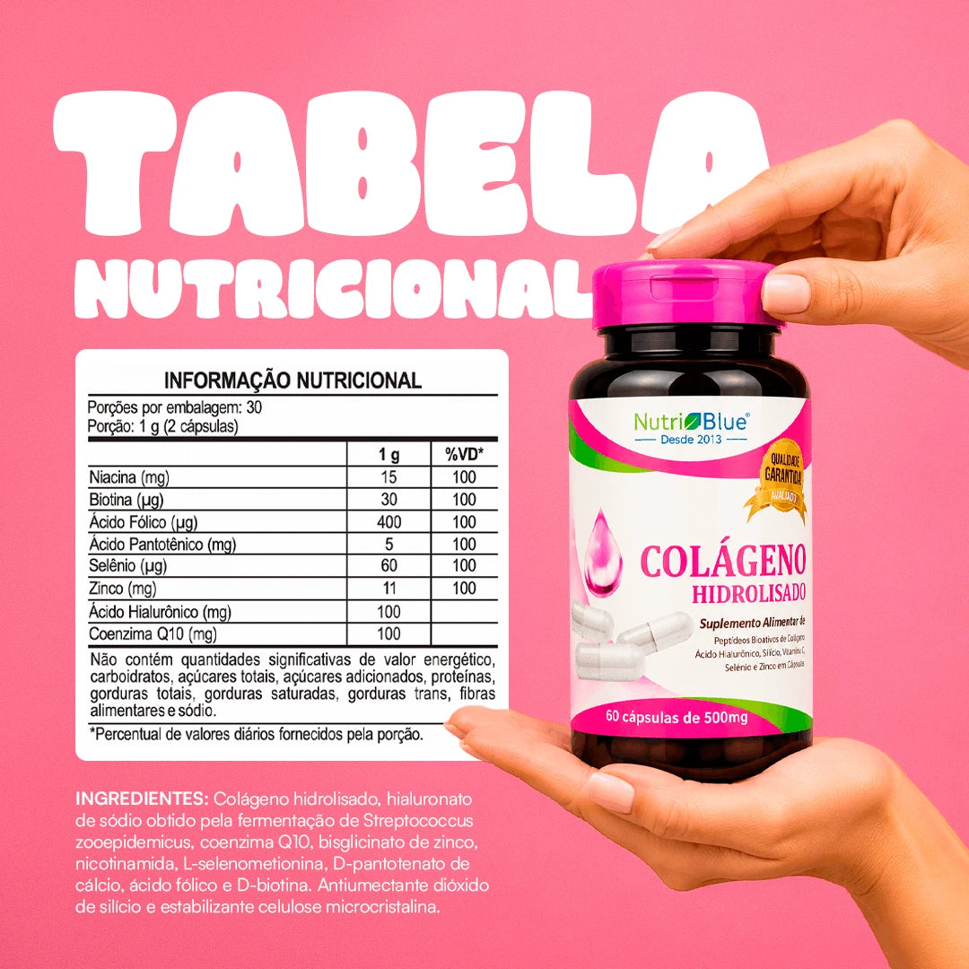 Colágeno Hidrolisado Nutriblue | Suplemento com Vitamina C, Zinco, Selênio, Ácido Hialurônico e Silício, 60 Cápsulas