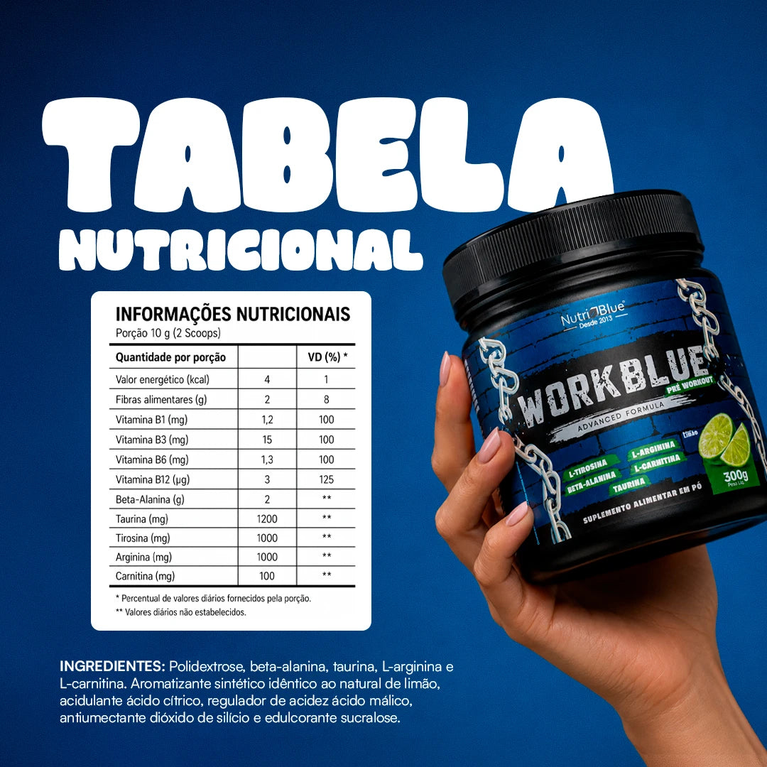 WorkBlue Sem Cafeína Nutriblue - Pré-Treino em Pó com Aminoácidos e Vitaminas B