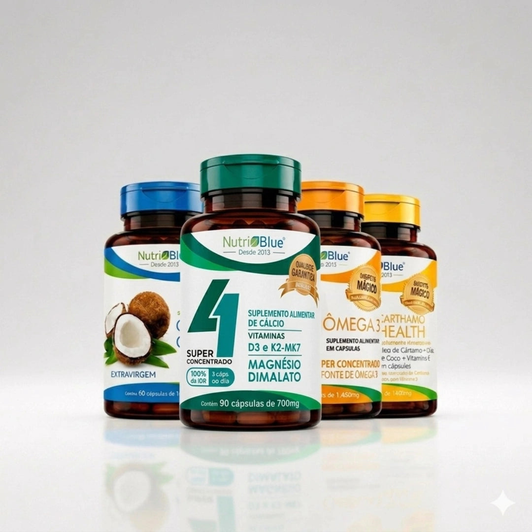 Kit Quarteto Mágico Nutriblue - Ômega 3, Óleo de Coco, Óleo de Cártamo e Quarteto Vitamínico K2