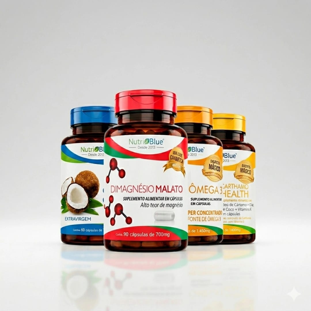 Kit Quarteto Mágico Original Nutriblue - Ômega 3, Óleo de Coco, Óleo de Cártamo e Magnésio Dimalato